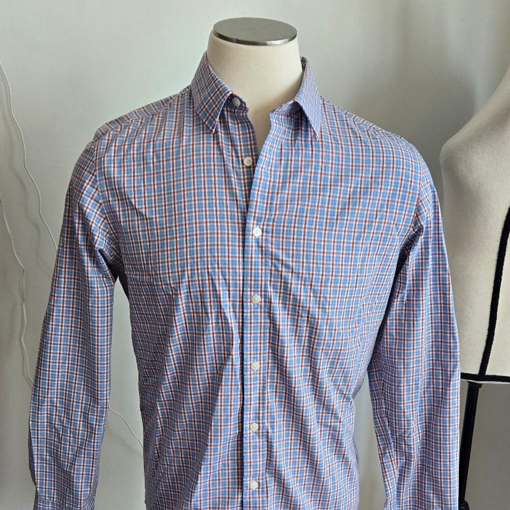 Untuckit blue plaid dress shirt slim fit wrinkle free large